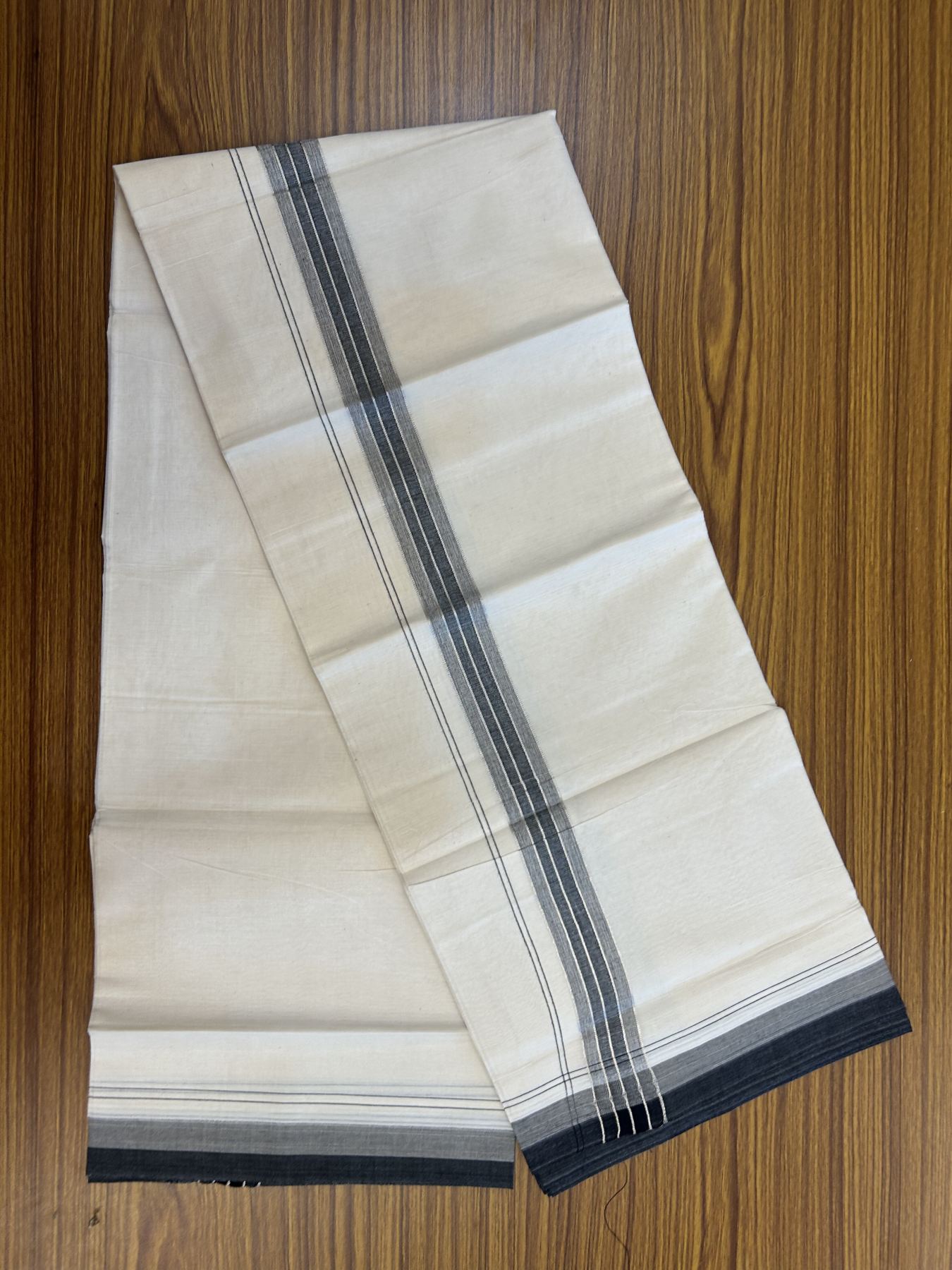 20% Discount ! KaithariKada Balaramapuram 100% Cotton Double Off White - (Unbleached) - Mundu / Dhoti- 100x80 -  1.5 inch Silver Kasav Black & Ash shaded Stripes Kara 4 mtr (8.5 Muzham) - 48 KK5340 VIN
