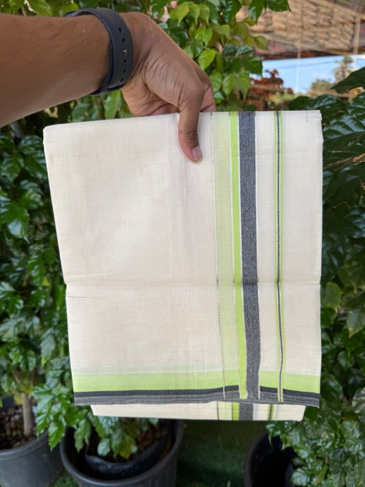 20% Discount ! KaithariKada Balaramapuram 100% Cotton Double OFF WHITE (unbleached) Mundu/Dhoti- 100x80- 1.5 inch Silver Kasavu Parrot Green & Black Shaded Kara 4 mtr (8.5 muzham) - 45 KK5251 PMC