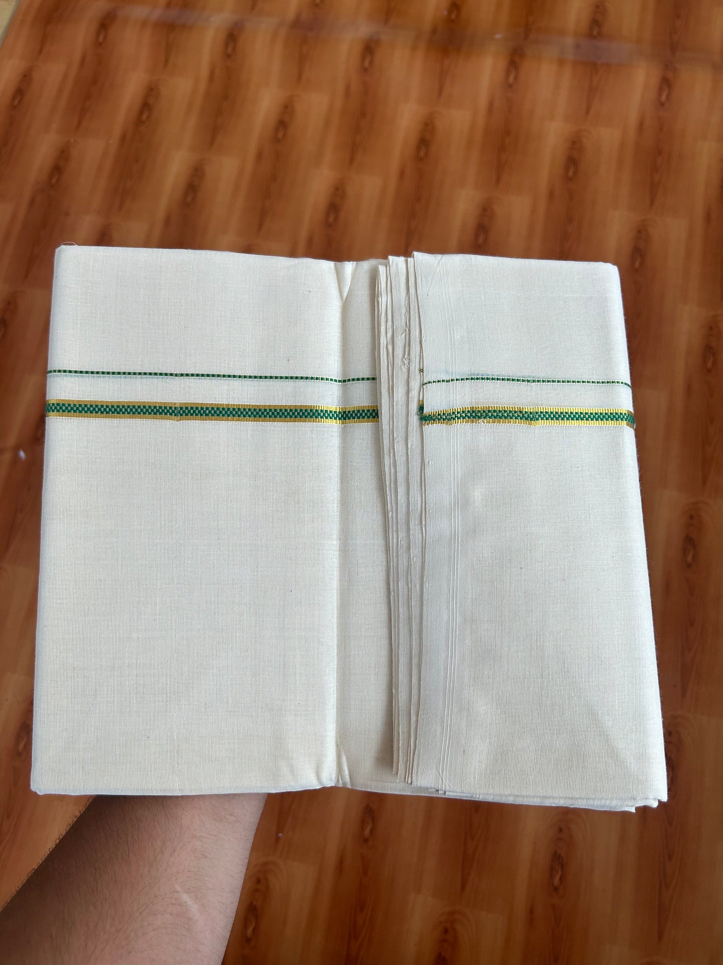 25% Discount ! KaithariKada Handloom Millpaav - Kerala Handloom - 100% Pure Cotton Off White (Unbleached) Double Mundu/Dhoti - 100x80 - 0.5 inch Gold Kasav & Light Green Muthukuri Kara 3.80 mtr (8 Muzham) - 19 KK5380 SOM
