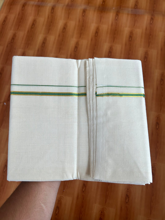 25% Discount ! KaithariKada Handloom Millpaav - Kerala Handloom - 100% Pure Cotton Off White (Unbleached) Double Mundu/Dhoti - 100x80 - 0.5 inch Gold Kasav & Light Green Muthukuri Kara 3.80 mtr (8 Muzham) - 19 KK5380 SOM