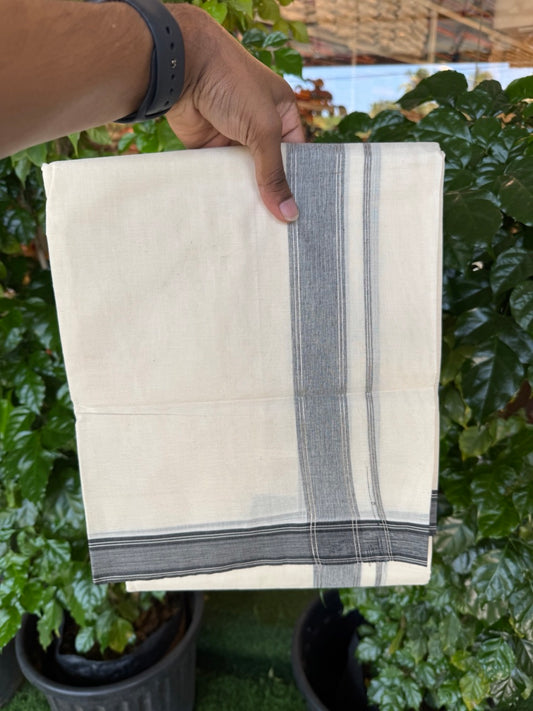 20% Discount ! KaithariKada Balaramapuram 100% Cotton Double OFF WHITE (unbleached) Mundu/Dhoti- 100x80- 1.5 inch Silver Kasavu & Black Striped Kara 4 mtr (8.5 muzham) - 50 KK5251 PMC