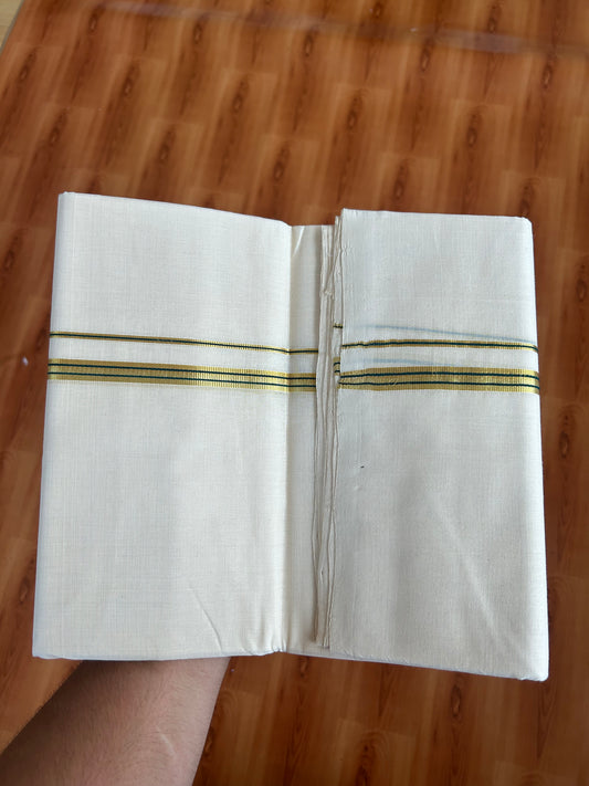 25% Discount ! KaithariKada Handloom Millpaav - Kerala Handloom - 100% Pure Cotton Off White Unbleached) Double Mundu/Dhoti - 100x80 - 0.5 Inch Gold Kasav & Green Striped Kara 3.80 mtr (8 Muzham) - 79 KK5380 SOM