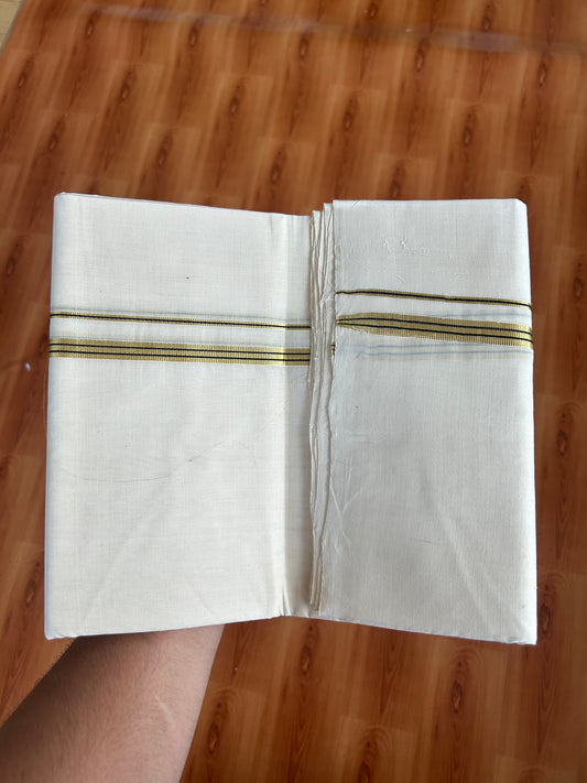 25% Discount ! KaithariKada Handloom Millpaav - Kerala Handloom - 100% Pure Cotton Off White Unbleached) Double Mundu/Dhoti - 100x80 - 0.5 Inch Gold Kasav & Black Striped Kara 3.80 mtr (8 Muzham) - 80 KK5380 SOM