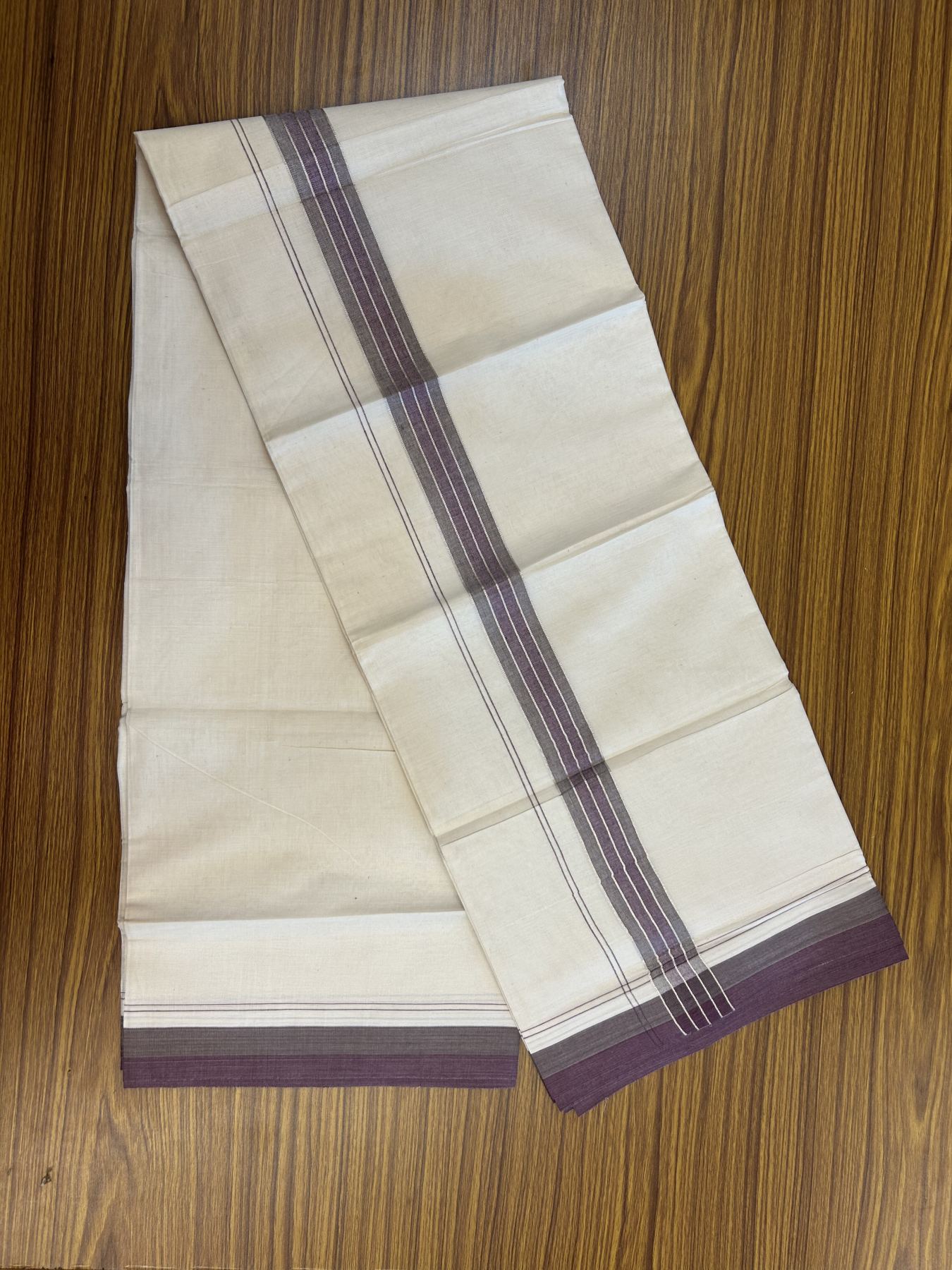 20% Discount ! KaithariKada Balaramapuram 100% Cotton Double Off White - (Unbleached) - Mundu / Dhoti- 100x80 -  1.5 inch Silver Kasav Sage Green & Purple shaded Stripes Kara 4 mtr (8.5 Muzham) - 45 KK5340 VIN