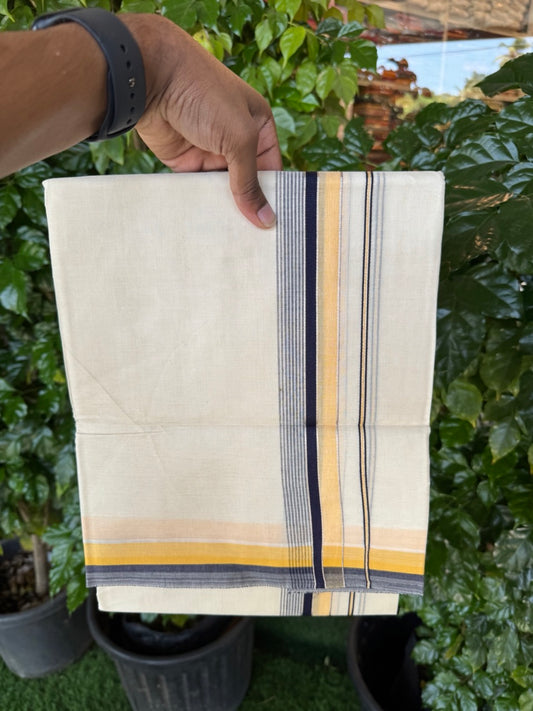 20% Discount ! KaithariKada Balaramapuram 100% Cotton Double OFF WHITE (unbleached) Mundu/Dhoti- 100x80- 1.5 inch Silver Kasavu Yellow & Navy Blue Striped Kara 4 mtr (8.5 muzham) - 49 KK5251 PMC