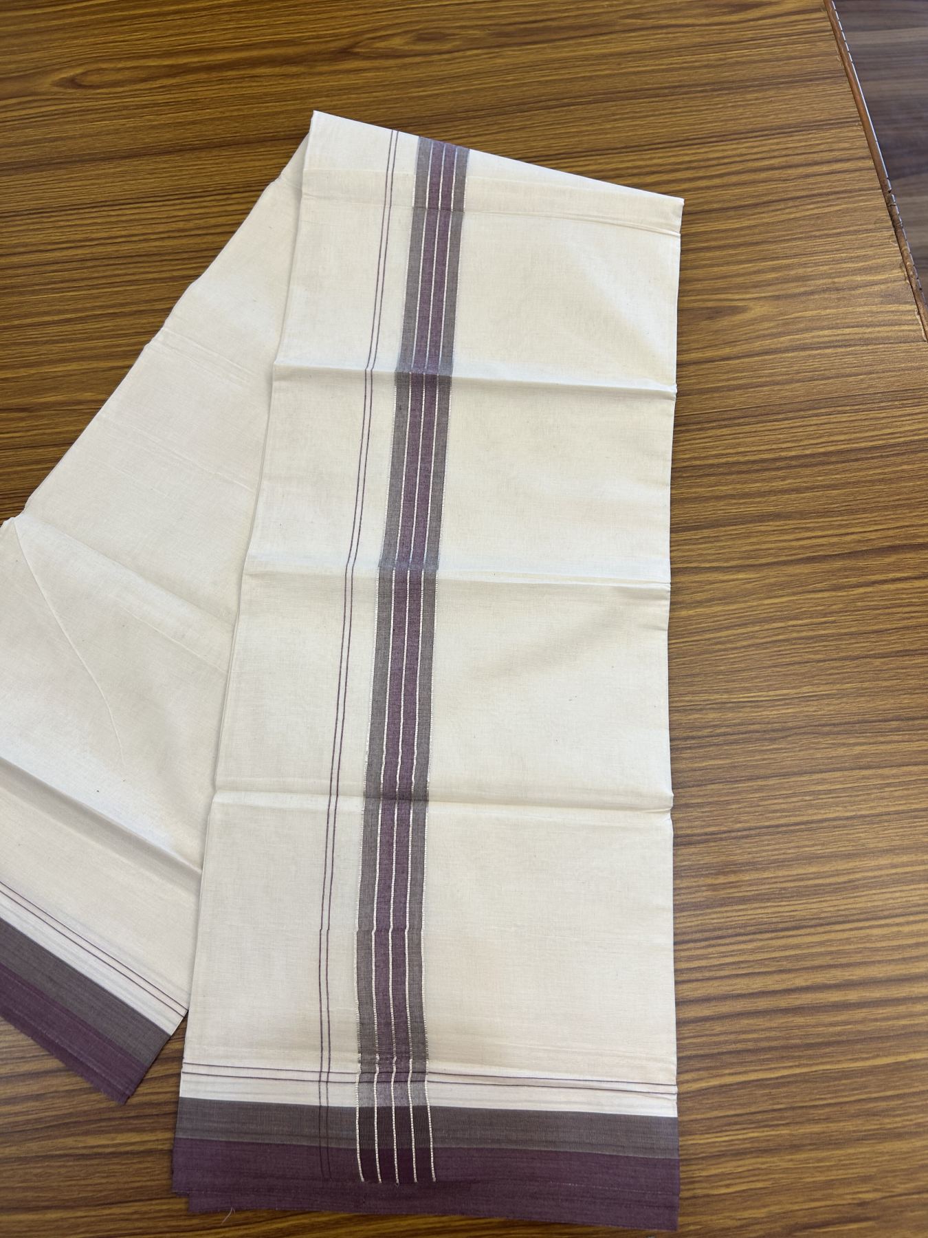 20% Discount ! KaithariKada Balaramapuram 100% Cotton Double Off White - (Unbleached) - Mundu / Dhoti- 100x80 -  1.5 inch Silver Kasav Sage Green & Purple shaded Stripes Kara 4 mtr (8.5 Muzham) - 45 KK5340 VIN