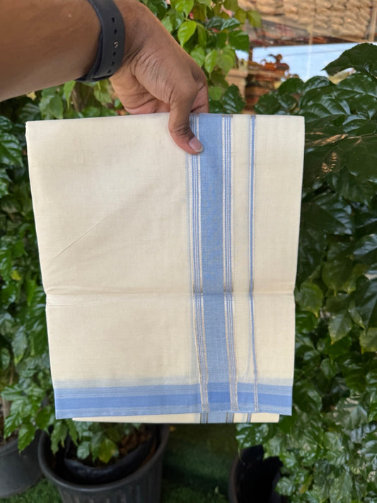 20% Discount ! KaithariKada Balaramapuram 100% Cotton Double OFF WHITE (unbleached) Mundu/Dhoti- 100x80- 1.5 inch Blue & Silver Kasavu Striped Kara 4 mtr (8.5 muzham) - 48 KK5251 PMC
