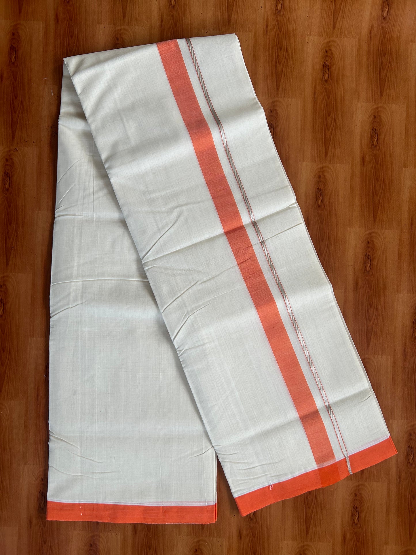 25% Discount ! KaithariKada Handloom Unakkupaav - Kerala Handloom - 100% Pure Cotton Off White (Unbleached) Double Mundu/Dothi - 100x80 - 1.25 inch Silver Kasav & Orange Kara  3.80 Meters (8 Muzham) - 2 KK5380 SOM