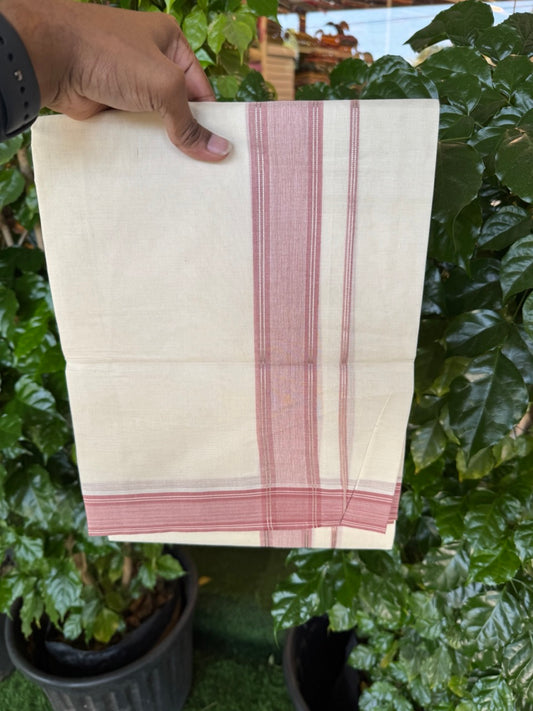 20% Discount! KaithariKada Balaramapuram 100% Cotton Double OFF WHITE (unbleached) Mundu/Dhoti- 100x80- 1.75 inch Silver Kasavu & Dusty Pink Shaded striped Kara 4 mtr (8.5 muzham) - 53 KK5251 PMC
