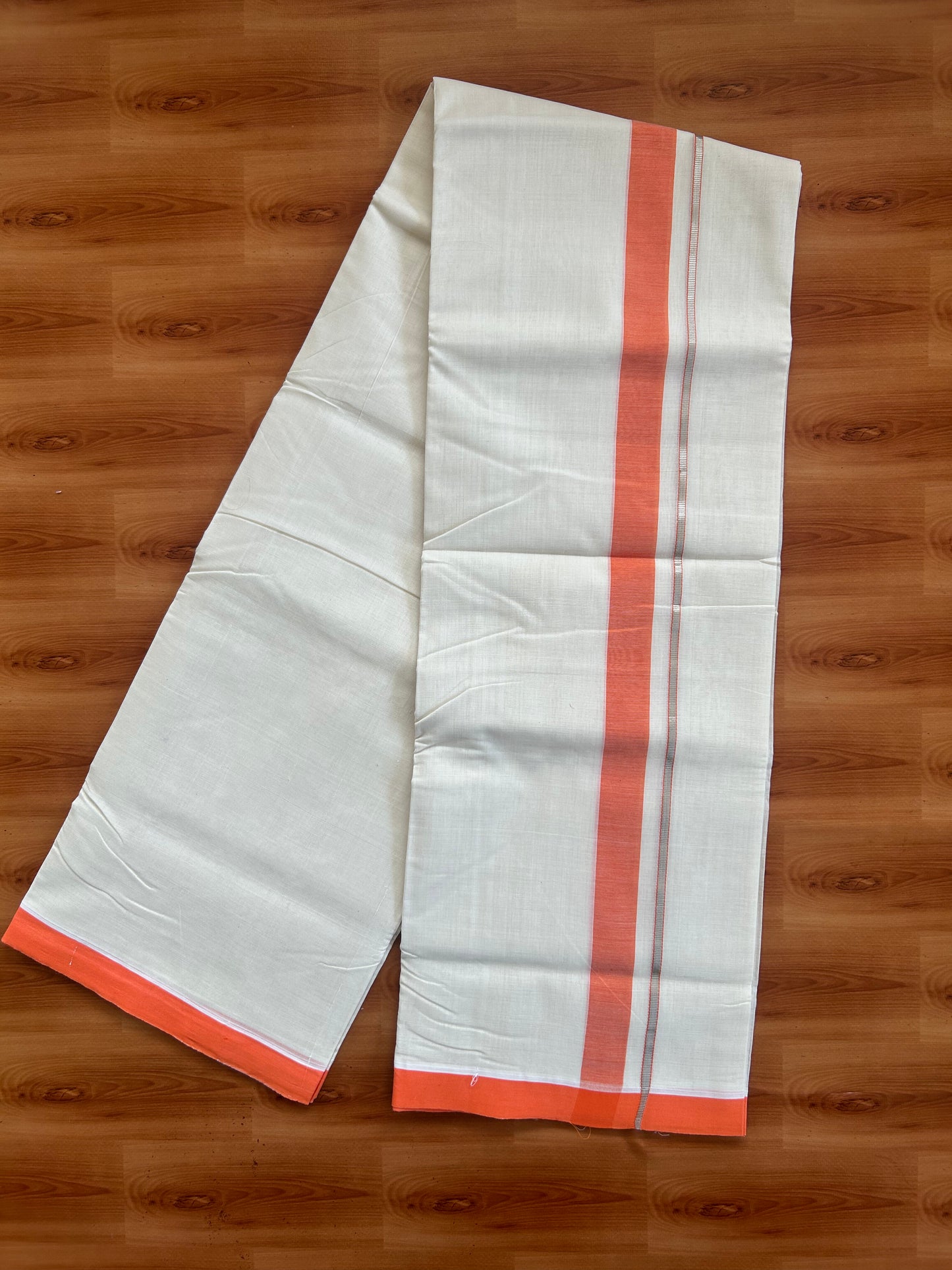 25% Discount ! KaithariKada Handloom Unakkupaav - Kerala Handloom - 100% Pure Cotton Off White (Unbleached) Double Mundu/Dothi - 100x80 - 1.25 inch Silver Kasav & Orange Kara  3.80 Meters (8 Muzham) - 2 KK5380 SOM