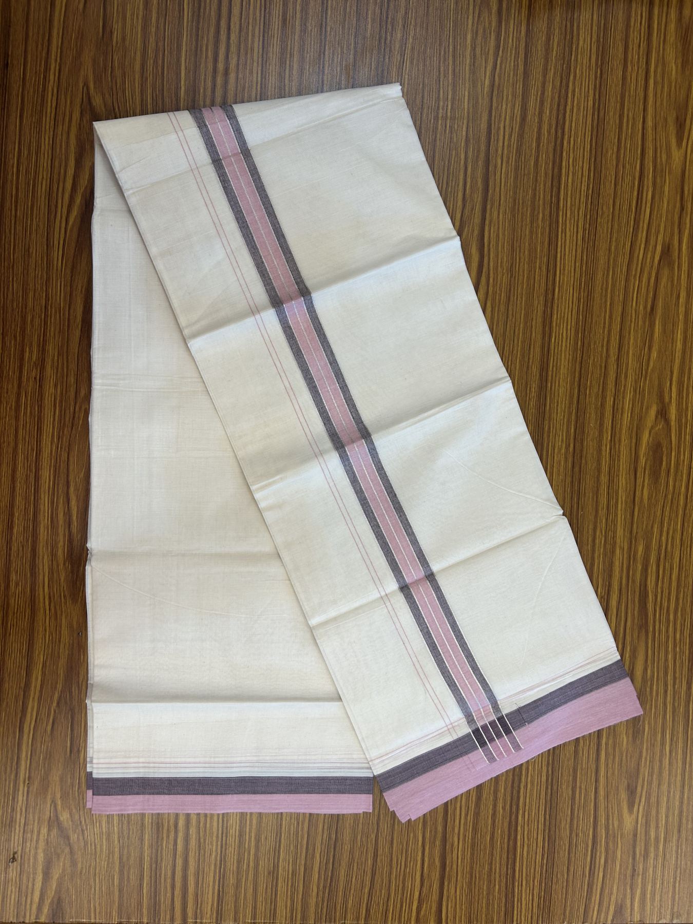 20% Discount ! KaithariKada Balaramapuram 100% Cotton Double Off White - (Unbleached) - Mundu / Dhoti- 100x80 -  1.5 inch Silver Kasav Pink & Brown shaded Stripes Kara 4 mtr (8.5 Muzham) - 46 KK5340 VIN