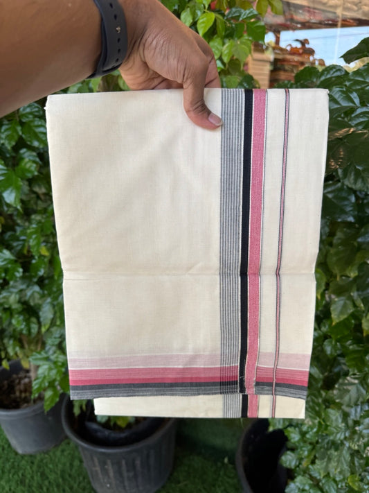 20% Discount! KaithariKada Balaramapuram 100% Cotton Double OFF WHITE (unbleached) Mundu/Dhoti- 100x80- 1.5 inch Silver Kasavu Maroon & Black Shaded striped Kara 4 mtr (8.5 muzham) - 52 KK5251 PMC