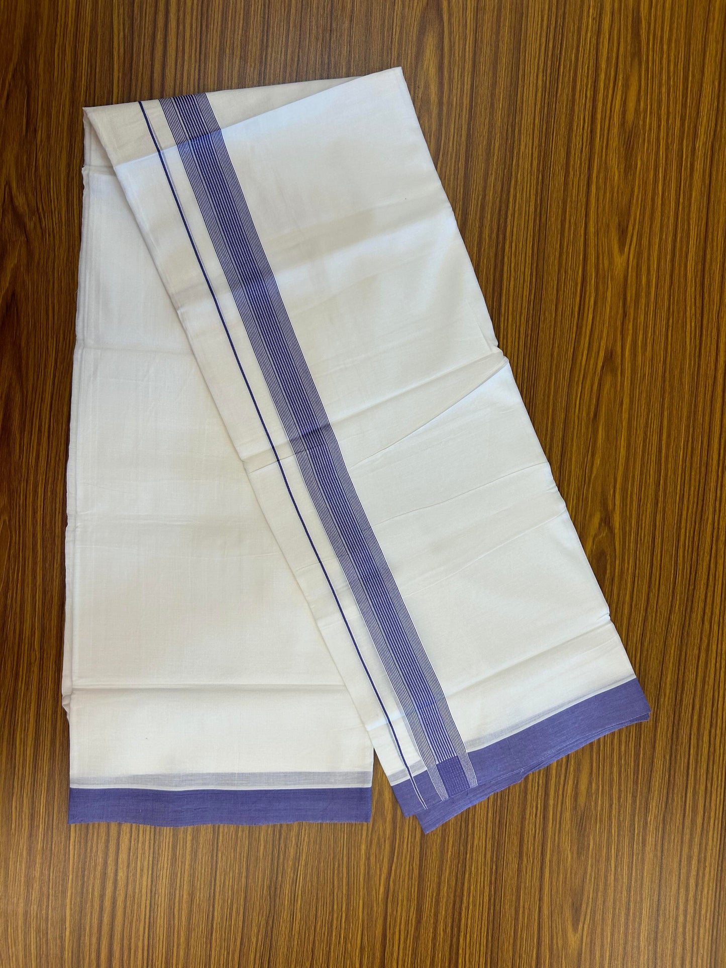 20% Discount ! Kaitharikada Balaramapuram 100% Cotton Pure White Double Mundu/Dothi - 100x100 - 1.5 inch Violet Striped Kara - 15 KK5362 GAN