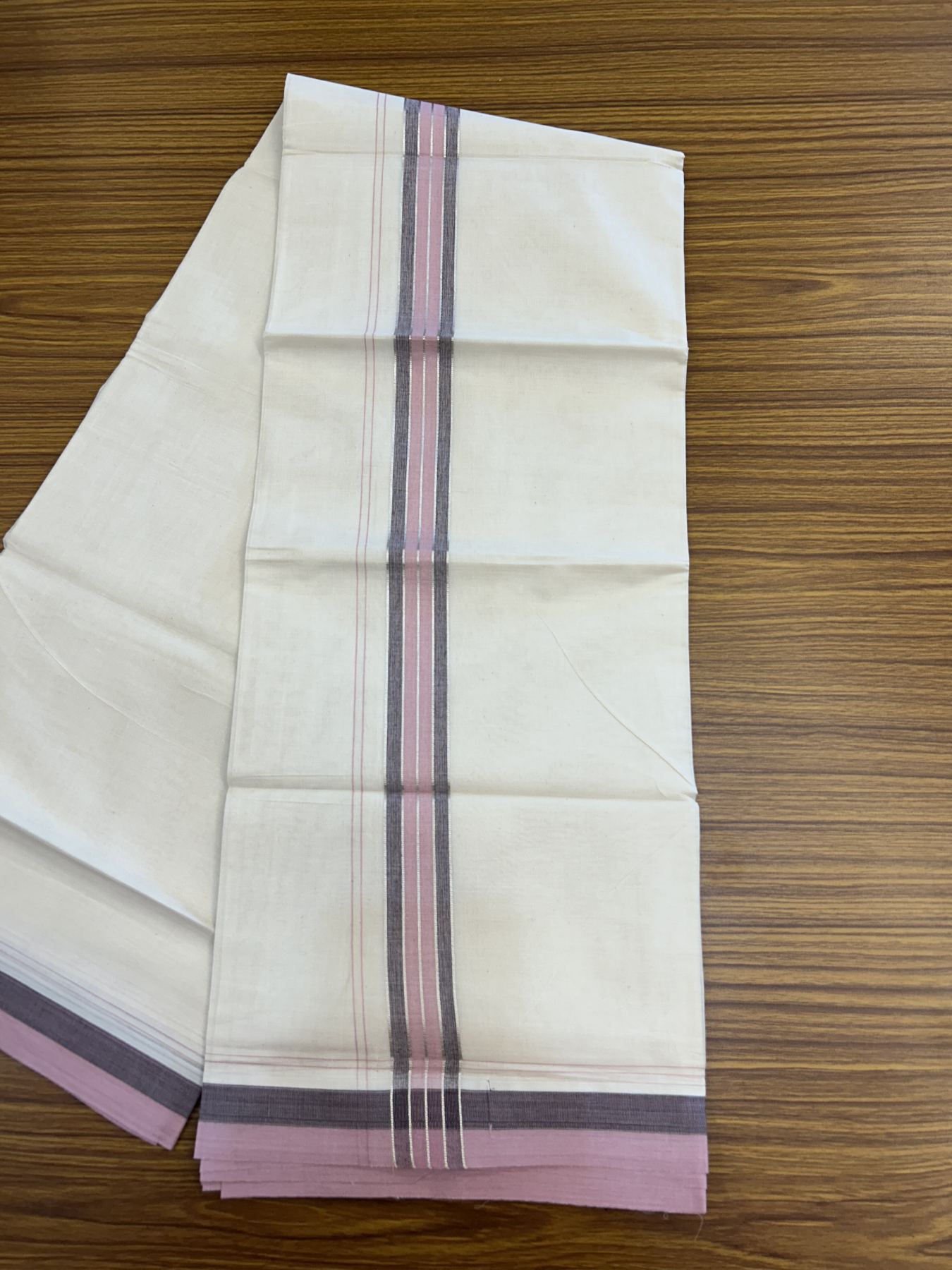 20% Discount ! KaithariKada Balaramapuram 100% Cotton Double Off White - (Unbleached) - Mundu / Dhoti- 100x80 -  1.5 inch Silver Kasav Pink & Brown shaded Stripes Kara 4 mtr (8.5 Muzham) - 46 KK5340 VIN
