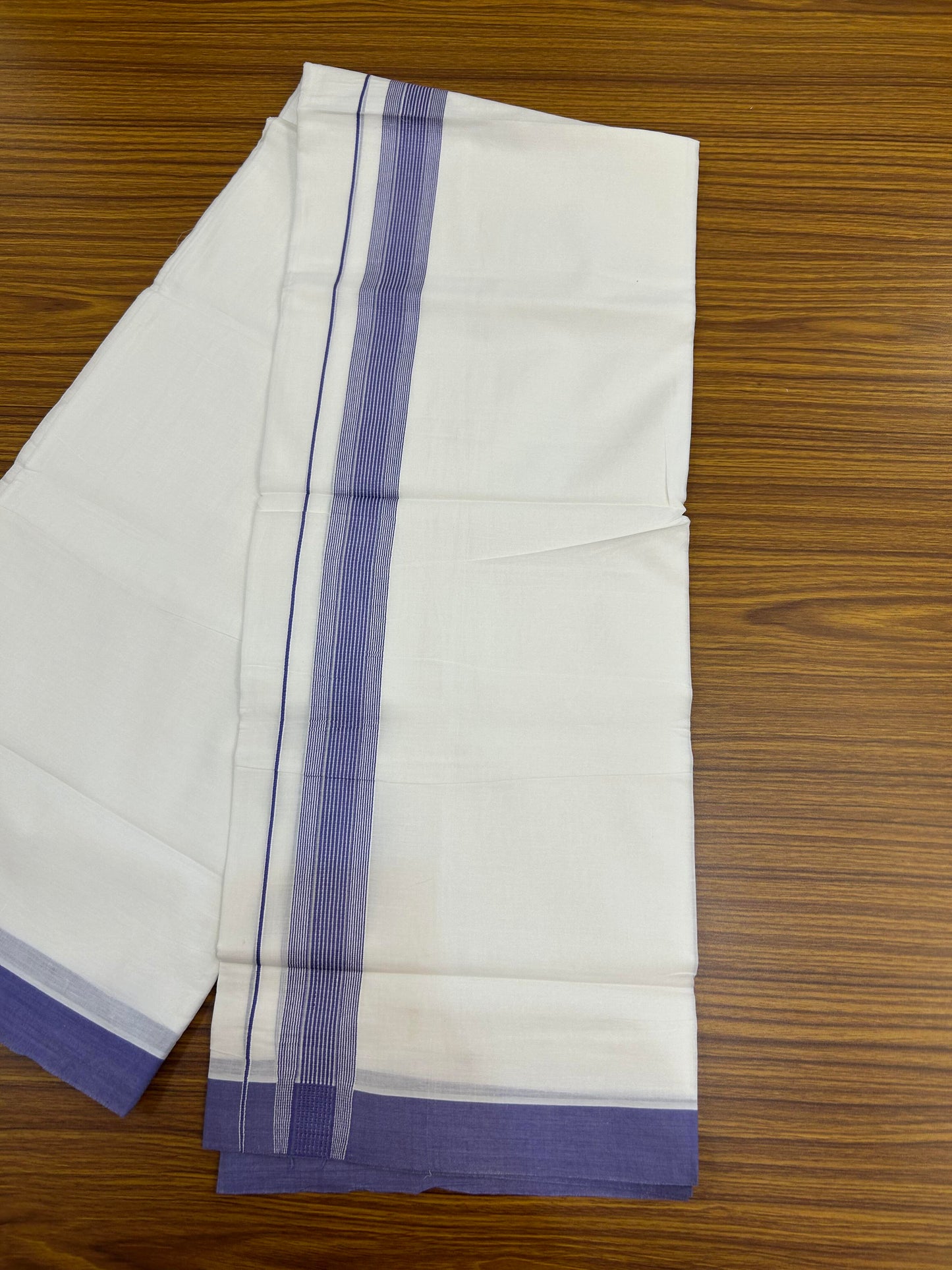 20% Discount ! Kaitharikada Balaramapuram 100% Cotton Pure White Double Mundu/Dothi - 100x100 - 1.5 inch Violet Striped Kara - 15 KK5362 GAN
