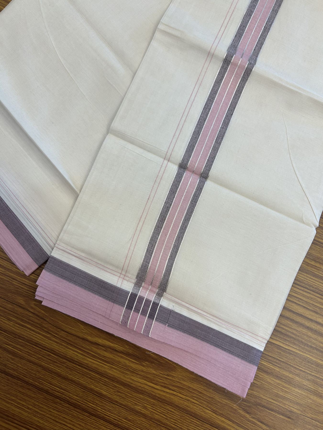 20% Discount ! KaithariKada Balaramapuram 100% Cotton Double Off White - (Unbleached) - Mundu / Dhoti- 100x80 -  1.5 inch Silver Kasav Pink & Brown shaded Stripes Kara 4 mtr (8.5 Muzham) - 46 KK5340 VIN