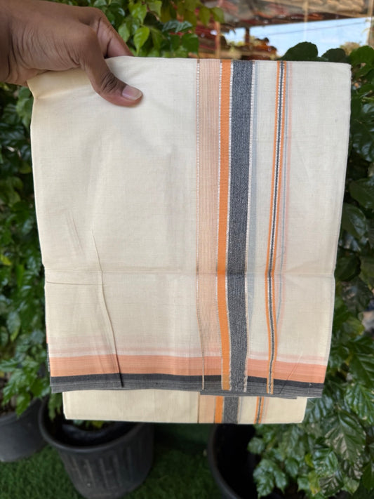20% Discount! KaithariKada Balaramapuram 100% Cotton Double OFF WHITE (unbleached) Mundu/Dhoti- 100x80- 1.5 inch Silver Kasavu Orange Peach & Black Shaded striped Kara 4 mtr (8.5 muzham) - 58 KK5251 PMC