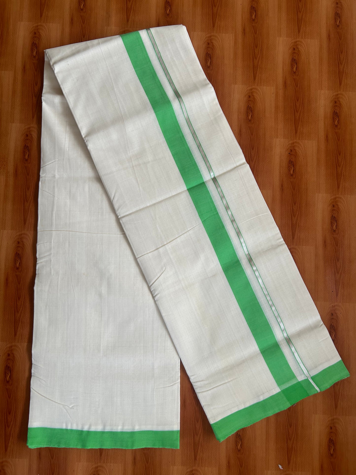 25% Discount ! KaithariKada Handloom Unakkupaav - Kerala Handloom - 100% Pure Cotton Off White (Unbleached) Double Mundu/Dothi - 100x80 - 1.25 inch Silver Kasav & Lime Green Kara  3.80 Meters (8 Muzham) - 1 KK5380 SOM