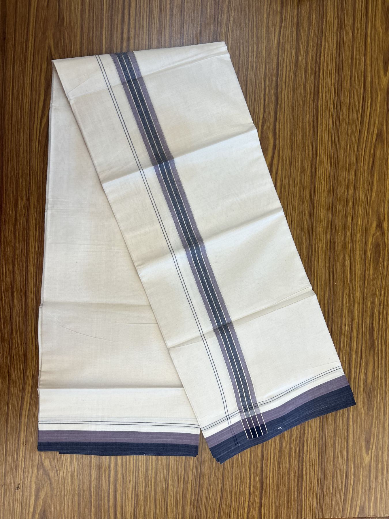 20% Discount ! KaithariKada Balaramapuram 100% Cotton Double Off White - (Unbleached) - Mundu / Dhoti- 100x80 -  1.5 inch Silver Kasav Navy Blue & Purple Ash shaded Stripes Kara 4 mtr (8.5 Muzham) - 44 KK5340 VIN