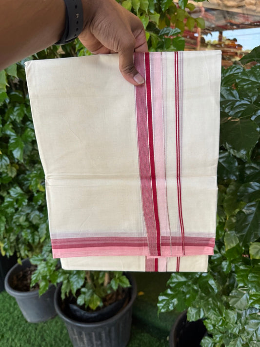 20% Discount! KaithariKada Balaramapuram 100% Cotton Double OFF WHITE (unbleached) Mundu/Dhoti- 100x80- 1.5 inch Silver Kasavu Pink & Maroon Stripes Shaded Kara 4 mtr (8.5 muzham) - 57 KK5251 PMC