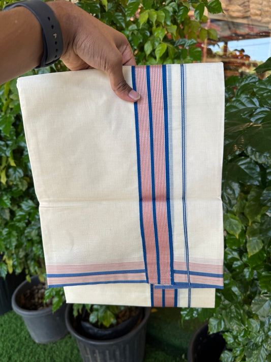 20% Discount! KaithariKada Balaramapuram 100% Cotton Double OFF WHITE (unbleached) Mundu/Dhoti- 100x80- 1.5 inch Silver Kasavu Blue & Onion Pink striped Kara 4 mtr (8.5 muzham) - 68 KK5251 PMC