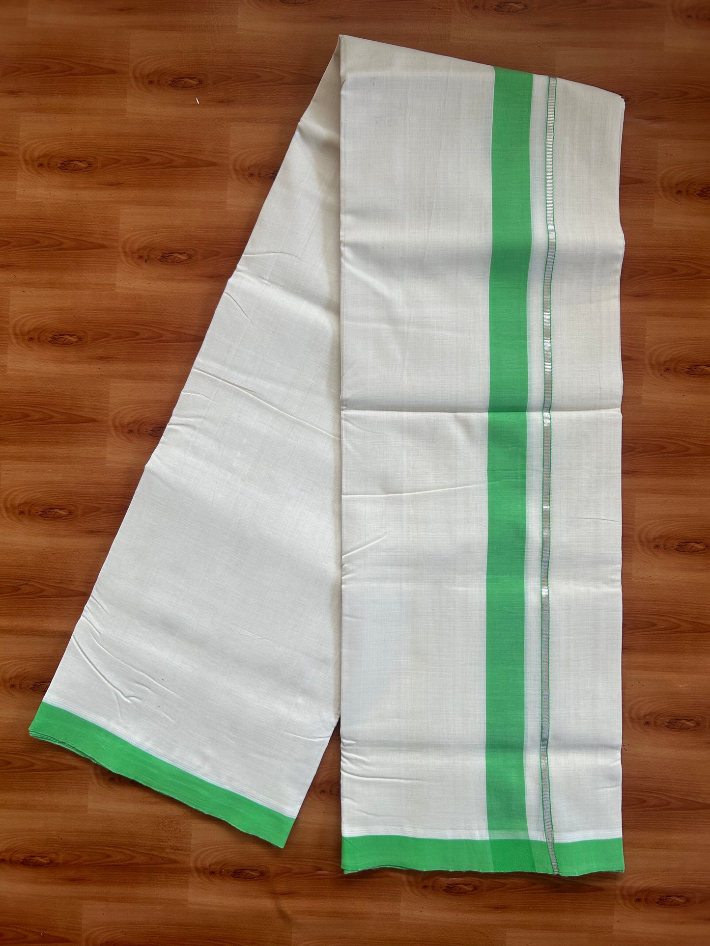 25% Discount ! KaithariKada Handloom Unakkupaav - Kerala Handloom - 100% Pure Cotton Off White (Unbleached) Double Mundu/Dothi - 100x80 - 1.25 inch Silver Kasav & Lime Green Kara  3.80 Meters (8 Muzham) - 1 KK5380 SOM