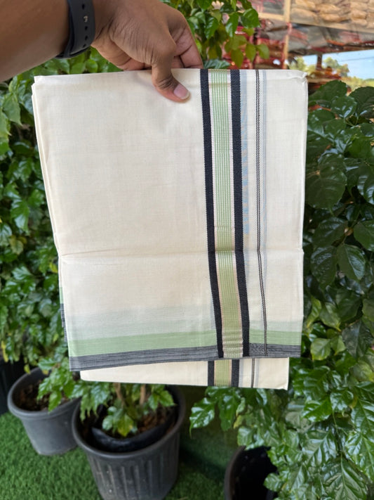 20% Discount! KaithariKada Balaramapuram 100% Cotton Double OFF WHITE (unbleached) Mundu/Dhoti- 100x80- 1.5 inch Silver Kasavu Black & Pista Green striped Kara 4 mtr (8.5 muzham) - 71 KK5251 PMC