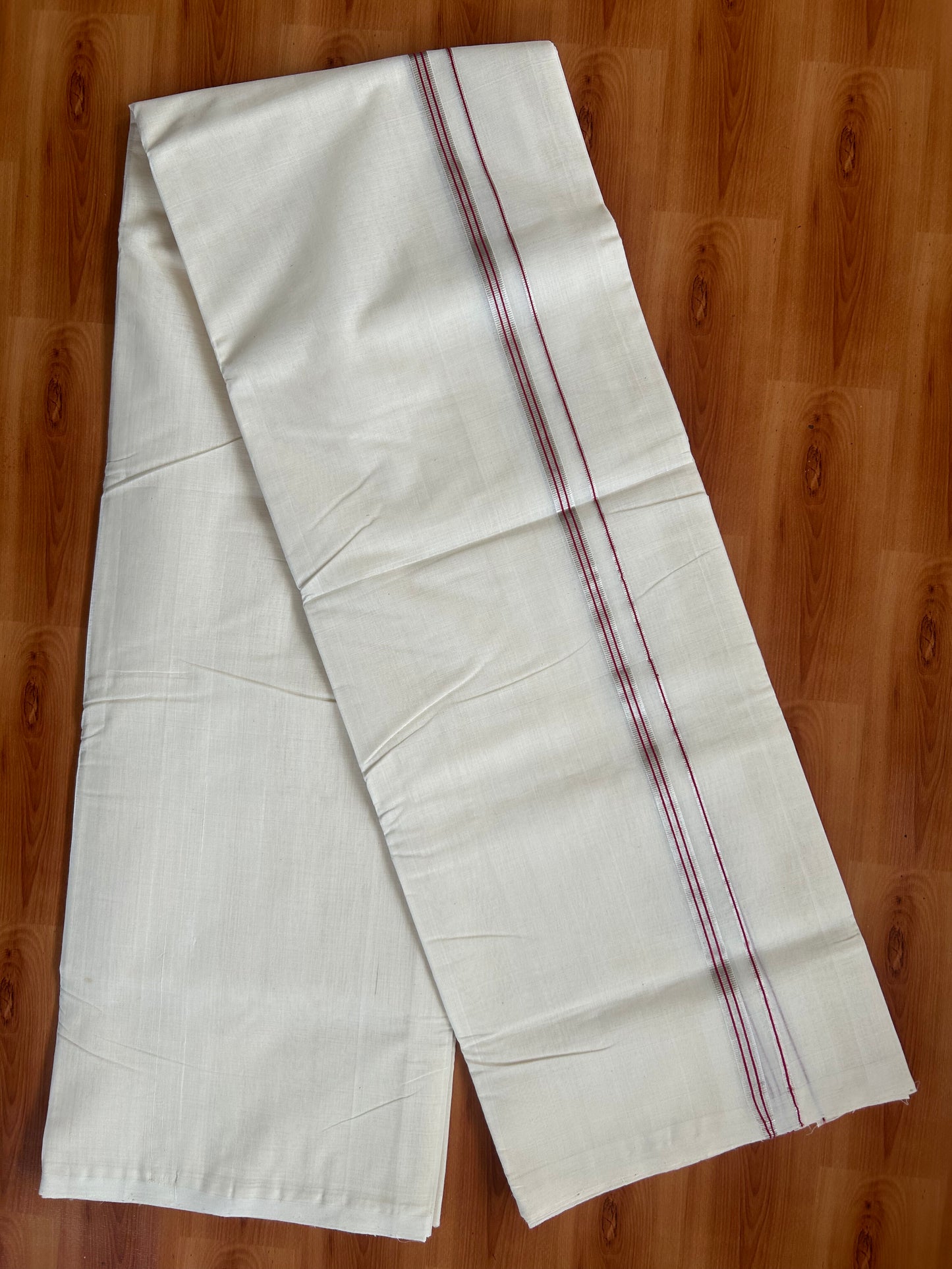 25% Discount ! KaithariKada Handloom Millpaav - Kerala Handloom - 100% Pure Cotton Off White (Unbleached) Double Mundu/Dothi - 100x80 - 0.5 inch Silver Kasav & Red Striped Kara  3.80 Meters (8 Muzham) - 15 KK5380 SOM