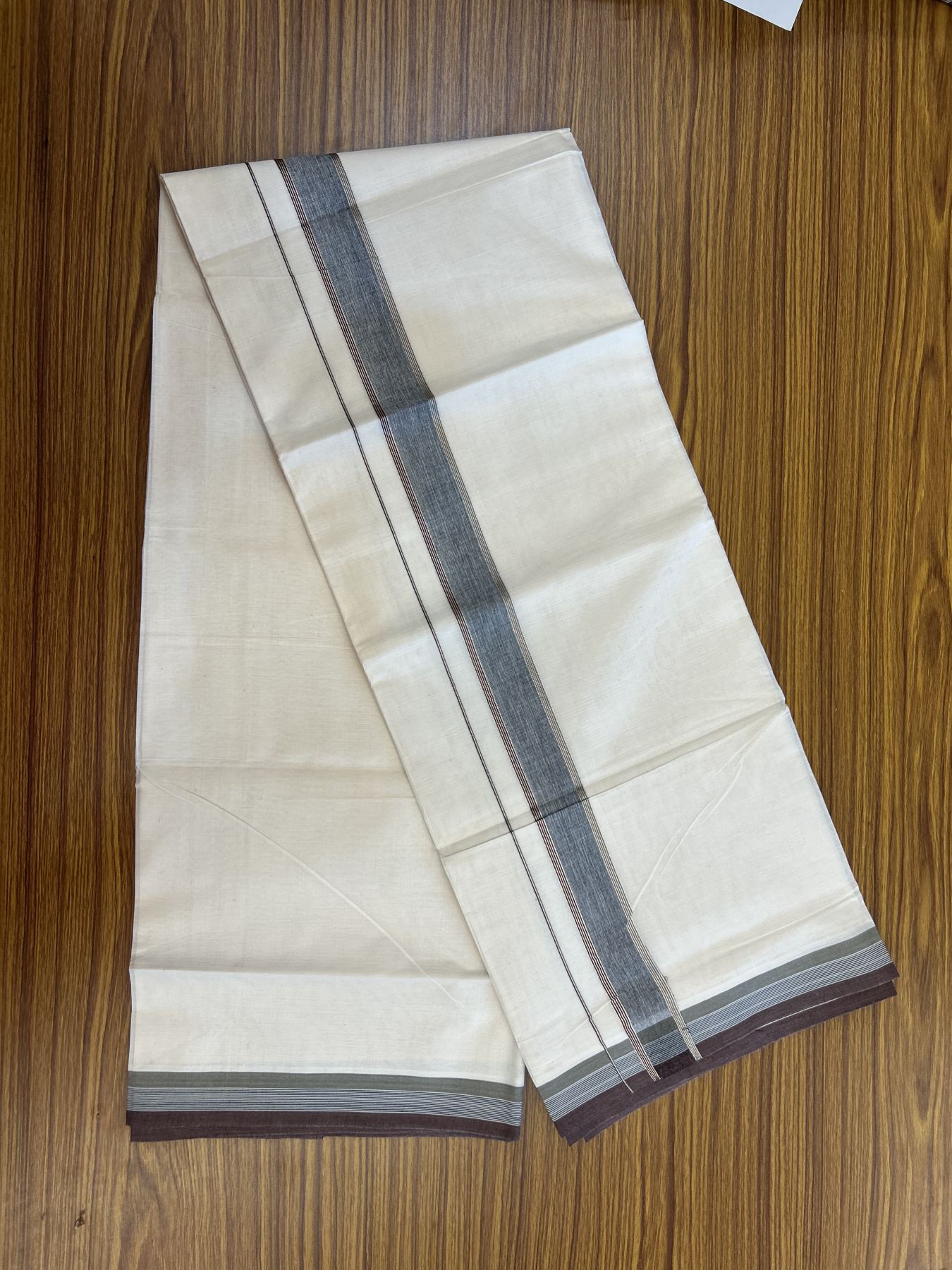 20% Discount ! KaithariKada Balaramapuram 100% Cotton Double Off White - (Unbleached) - Mundu / Dhoti- 100x80 -  1.5 inch Silver Kasav Grey & Brown shaded Kara 4 mtr (8.5 Muzham) - 43 KK5340 VIN