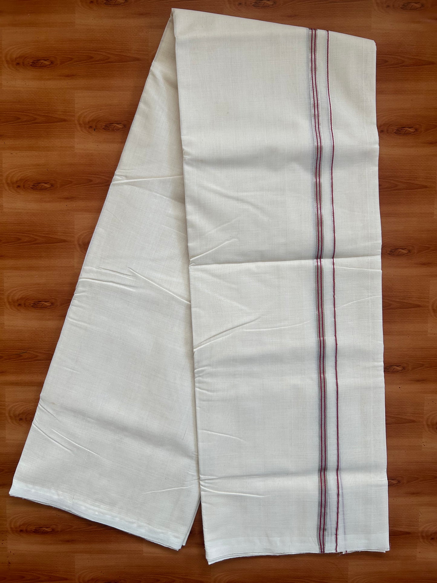 25% Discount ! KaithariKada Handloom Millpaav - Kerala Handloom - 100% Pure Cotton Off White (Unbleached) Double Mundu/Dothi - 100x80 - 0.5 inch Silver Kasav & Red Striped Kara  3.80 Meters (8 Muzham) - 15 KK5380 SOM