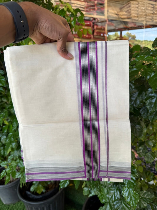 20% Discount! KaithariKada Balaramapuram 100% Cotton Double OFF WHITE (unbleached) Mundu/Dhoti- 100x80- 1.5 inch Silver Kasavu Violet & Black striped Kara 4 mtr (8.5 muzham) - 67 KK5251 PMC