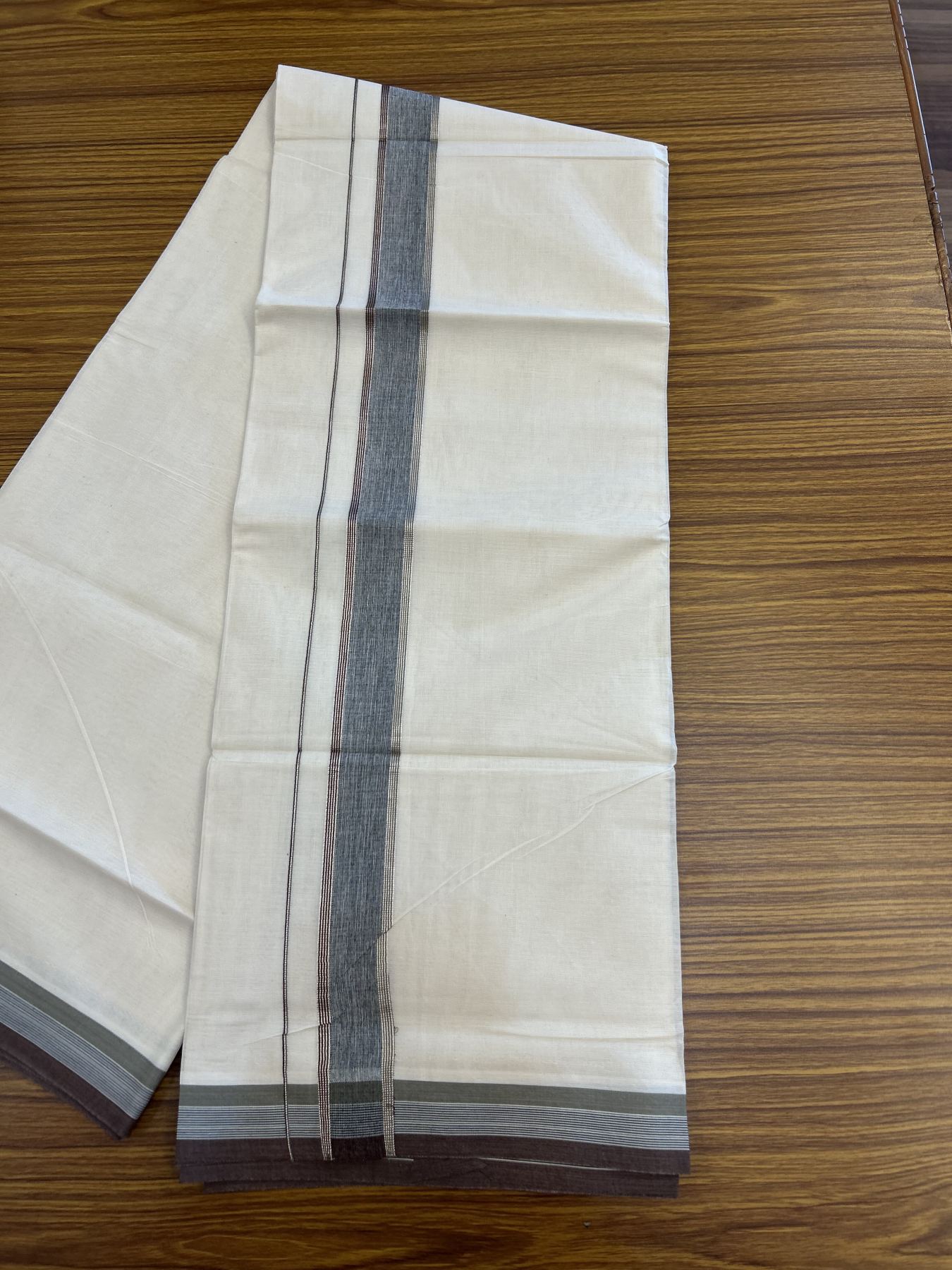 20% Discount ! KaithariKada Balaramapuram 100% Cotton Double Off White - (Unbleached) - Mundu / Dhoti- 100x80 -  1.5 inch Silver Kasav Grey & Brown shaded Kara 4 mtr (8.5 Muzham) - 43 KK5340 VIN
