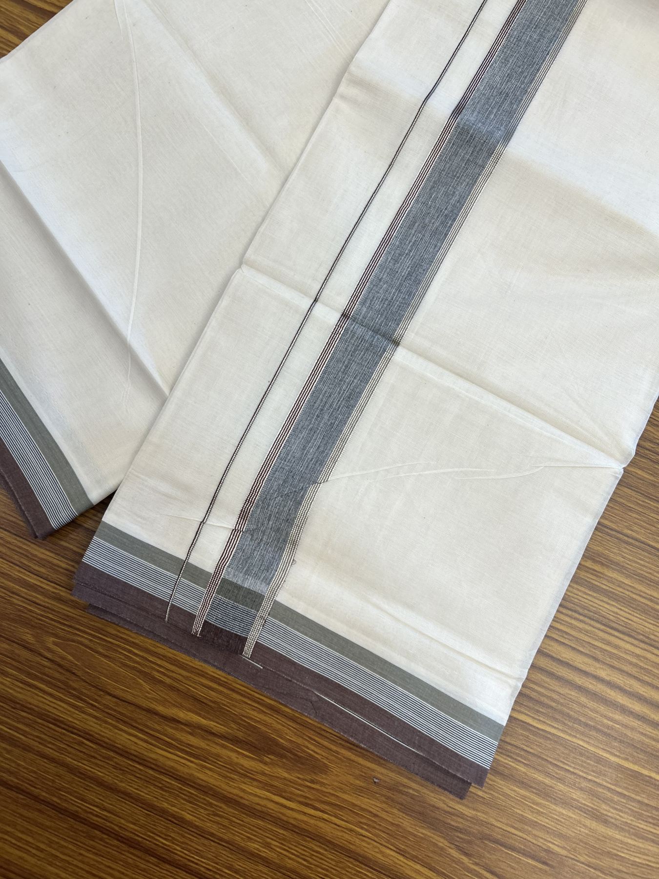 20% Discount ! KaithariKada Balaramapuram 100% Cotton Double Off White - (Unbleached) - Mundu / Dhoti- 100x80 -  1.5 inch Silver Kasav Black Ash & Brown shaded Kara - 4 mtr (8.5 Muzham) - 39 KK5340 VIN