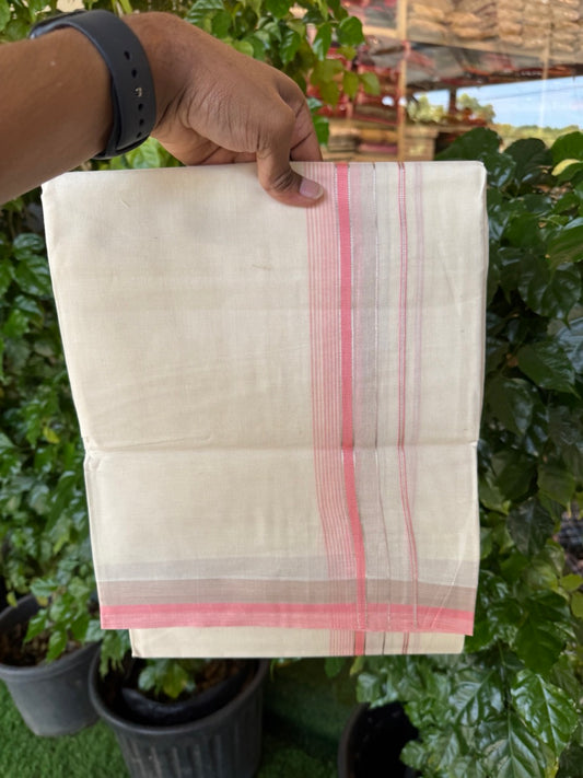 20% Discount! KaithariKada Balaramapuram 100% Cotton Double OFF WHITE (unbleached) Mundu/Dhoti- 100x80- 1.5 inch Silver Kasavu Pink & Cream Shaded striped Kara 4 mtr (8.5 muzham) - 60 KK5251 PMC