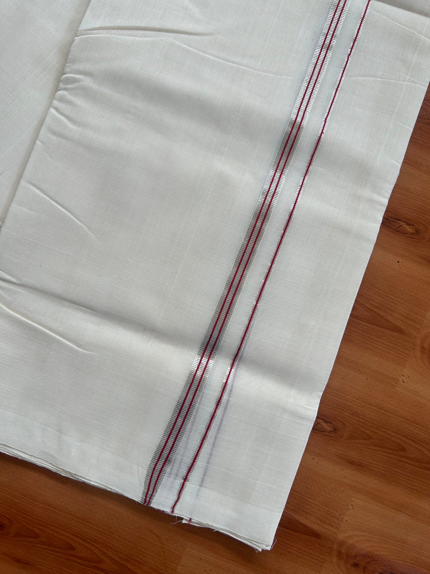 25% Discount ! KaithariKada Handloom Millpaav - Kerala Handloom - 100% Pure Cotton Off White (Unbleached) Double Mundu/Dothi - 100x80 - 0.5 inch Silver Kasav & Red Striped Kara  3.80 Meters (8 Muzham) - 15 KK5380 SOM