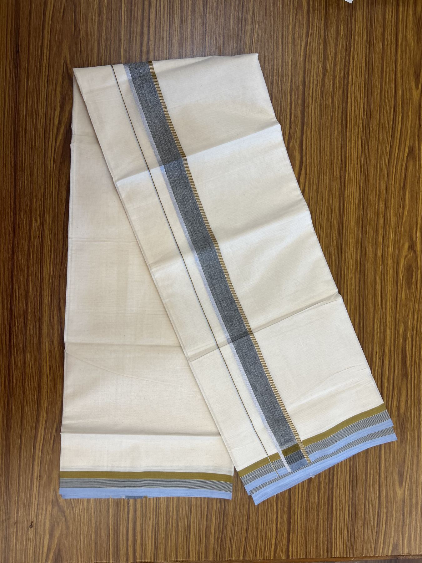 20% Discount ! KaithariKada Balaramapuram 100% Cotton Double Off White - (Unbleached) - Mundu / Dhoti- 100x80 -  1.5 inch Silver Kasav Black Blue & Olive Brown shaded Kara - 4 mtr (8.5 Muzham) - 40 KK5340 VIN
