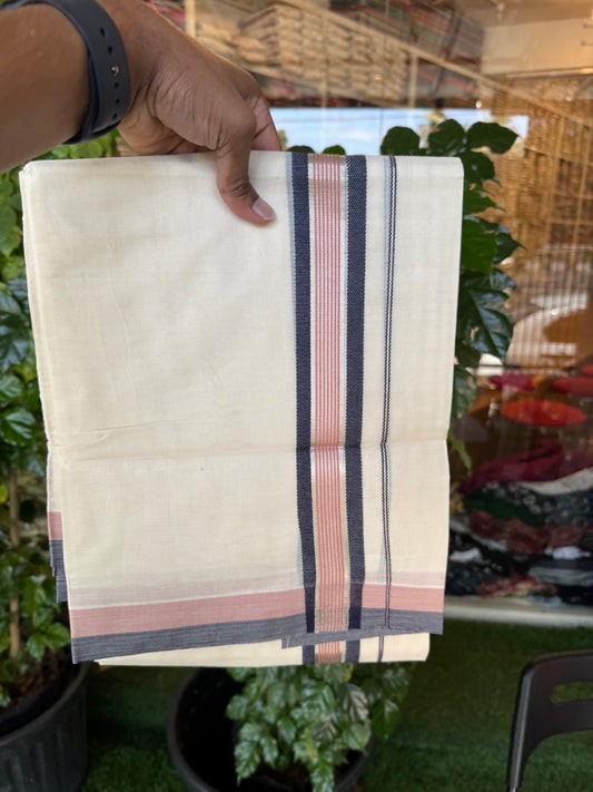 20% Discount! KaithariKada Balaramapuram 100% Cotton Double OFF WHITE (unbleached) Mundu/Dhoti- 100x80- 1.5 inch Silver Kasavu Navy Blue & Onion Pink striped Kara 4 mtr (8.5 muzham) - 72 KK5251 PMC