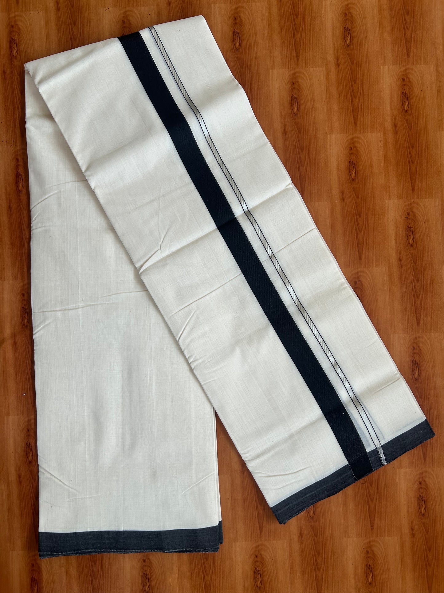 25% Discount ! KaithariKada Handloom Unakkupaav - Kerala Handloom - 100% Pure Cotton Off White (Unbleached) Double Mundu/Dothi - 100x80 - 1 inch Silver Kasav & Black Kara  3.80 Meters (8 Muzham) - 3 KK5380 SOM