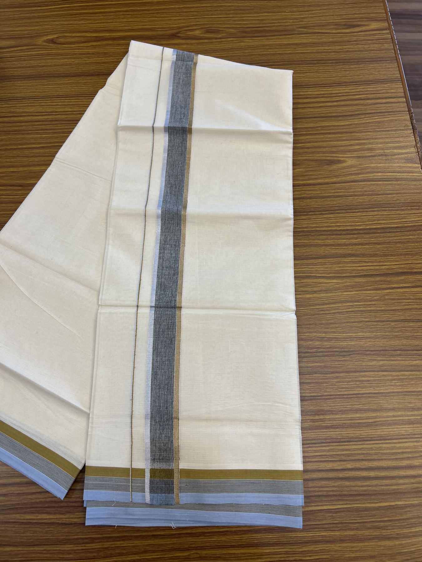 20% Discount ! KaithariKada Balaramapuram 100% Cotton Double Off White - (Unbleached) - Mundu / Dhoti- 100x80 -  1.5 inch Silver Kasav Black Blue & Olive Brown shaded Kara - 4 mtr (8.5 Muzham) - 40 KK5340 VIN