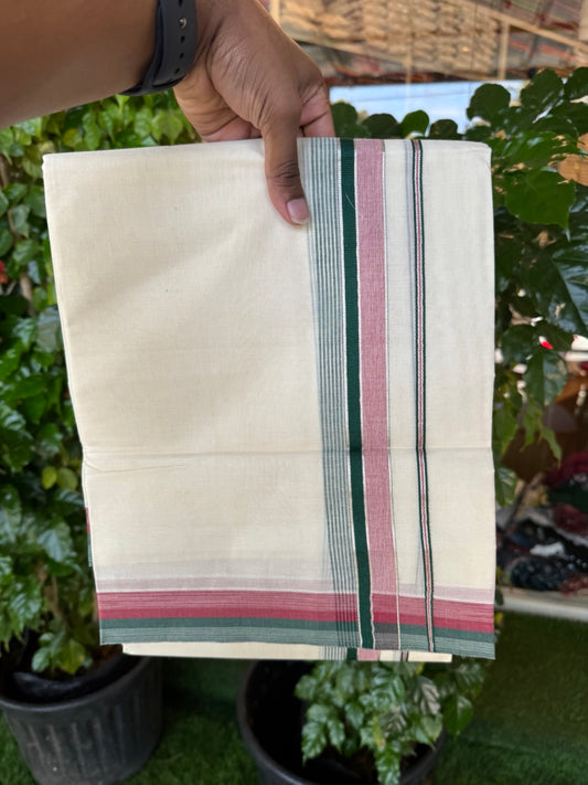 20% Discount! KaithariKada Balaramapuram 100% Cotton Double OFF WHITE (unbleached) Mundu/Dhoti- 100x80- 1.5 inch Silver Kasavu Green & Maroon Shaded striped Kara 4 mtr (8.5 muzham) - 64 KK5251 PMC