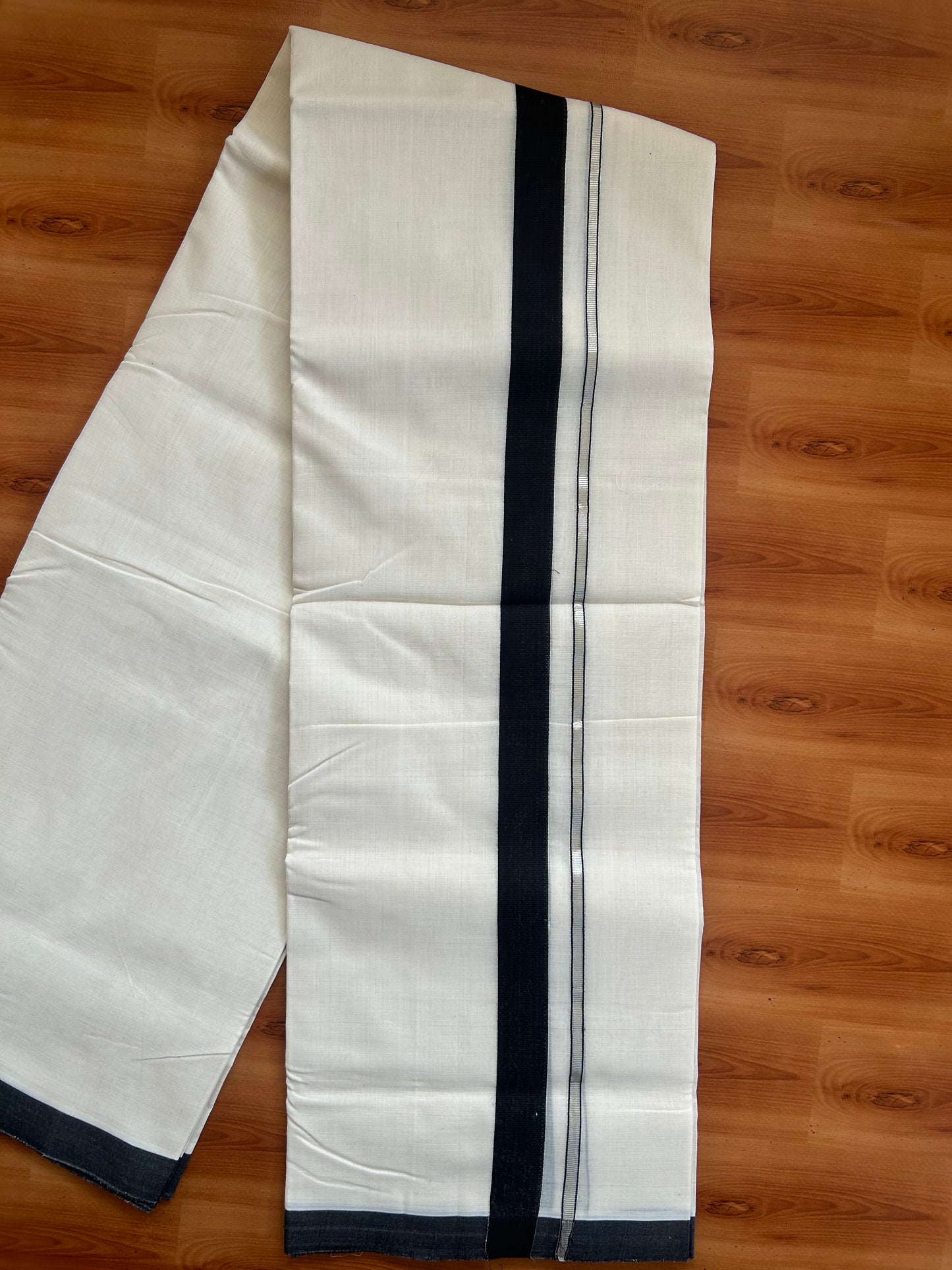 25% Discount ! KaithariKada Handloom Unakkupaav - Kerala Handloom - 100% Pure Cotton Off White (Unbleached) Double Mundu/Dothi - 100x80 - 1 inch Silver Kasav & Black Kara  3.80 Meters (8 Muzham) - 3 KK5380 SOM