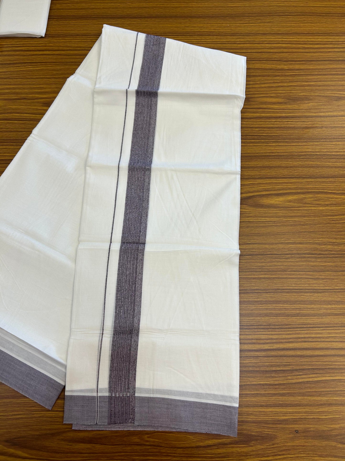 20% Discount ! Kaitharikada Balaramapuram 100% Cotton Pure White Double Mundu/Dothi - 100x100 - 1.5 inch Dark Ash Purple Striped Kara - 17 KK5362 GAN