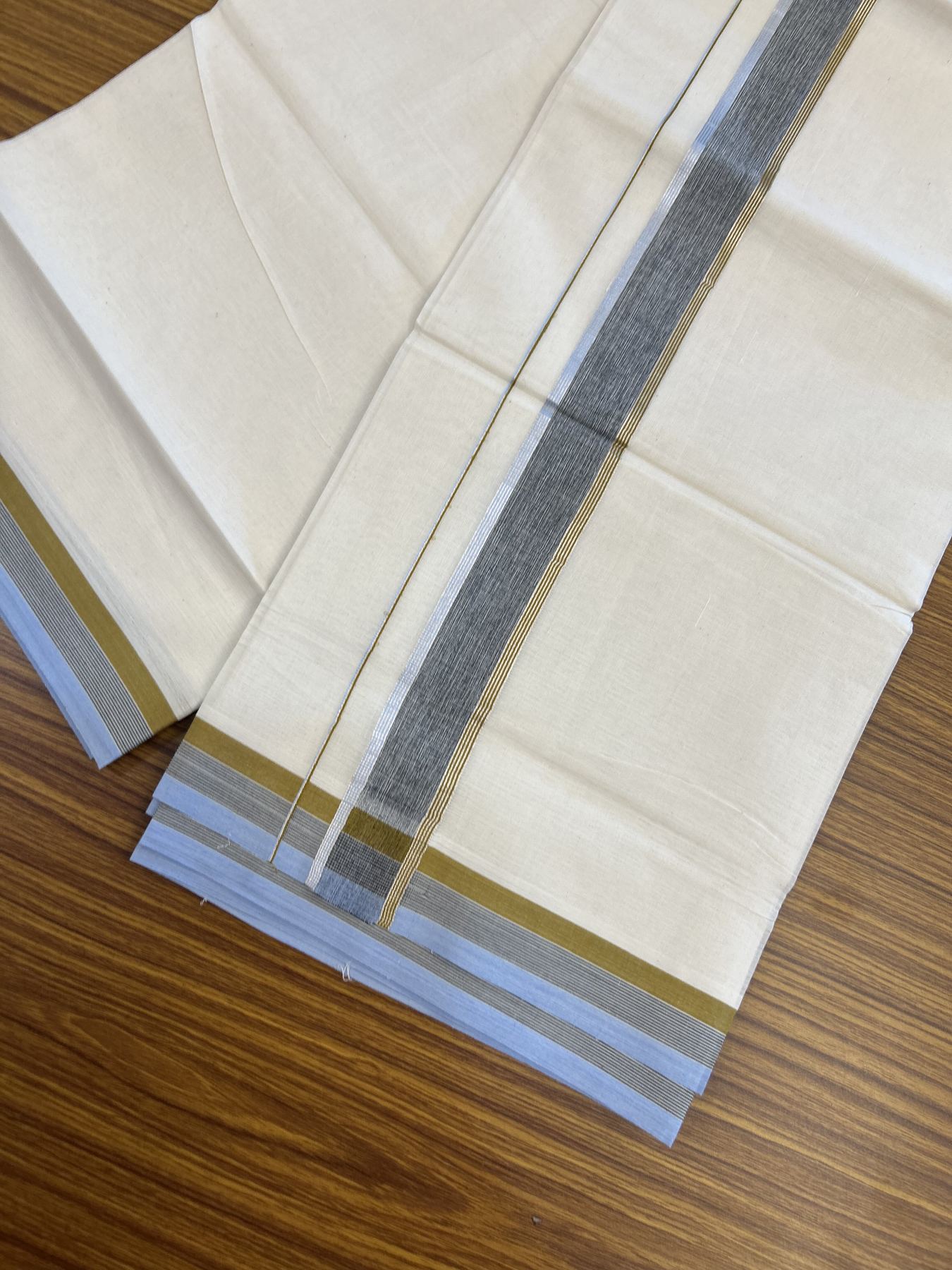 20% Discount ! KaithariKada Balaramapuram 100% Cotton Double Off White - (Unbleached) - Mundu / Dhoti- 100x80 -  1.5 inch Silver Kasav Black Blue & Olive Brown shaded Kara - 4 mtr (8.5 Muzham) - 40 KK5340 VIN