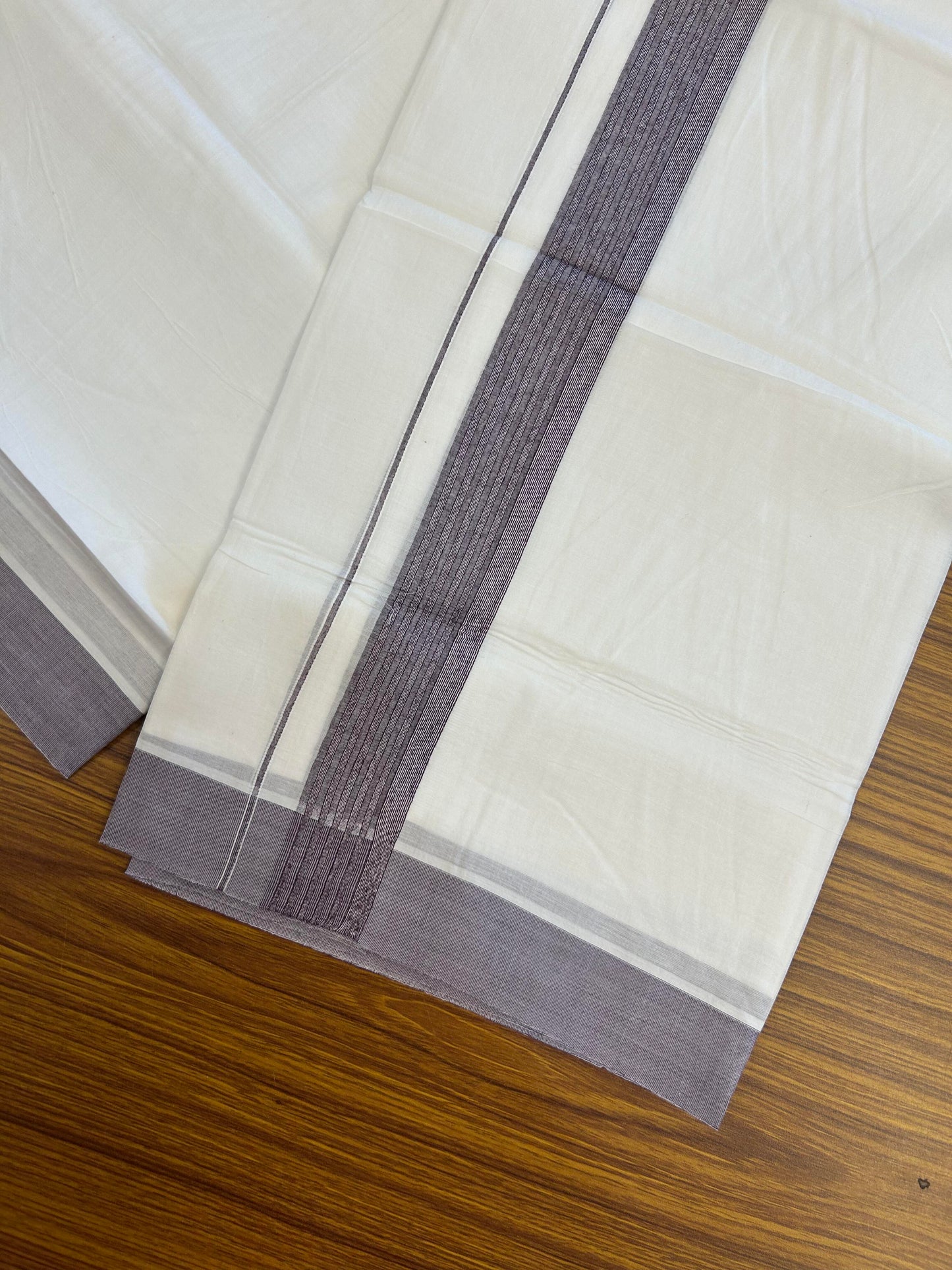 20% Discount ! Kaitharikada Balaramapuram 100% Cotton Pure White Double Mundu/Dothi - 100x100 - 1.5 inch Dark Ash Purple Striped Kara - 17 KK5362 GAN