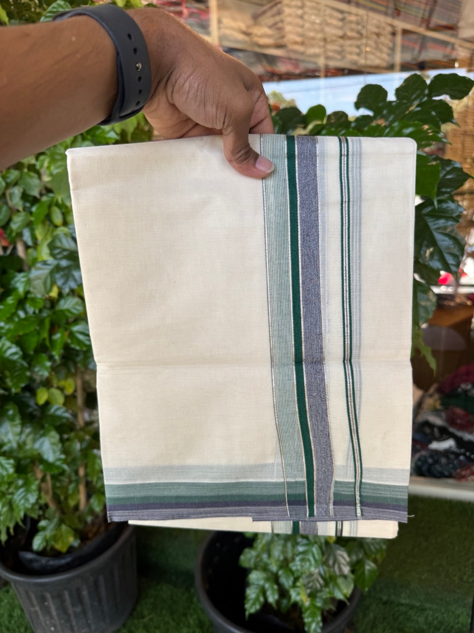 20% Discount! KaithariKada Balaramapuram 100% Cotton Double OFF WHITE (unbleached) Mundu/Dhoti- 100x80- 1.5 inch Silver Kasavu Green & Navy Shaded striped Kara 4 mtr (8.5 muzham) - 62 KK5251 PMC