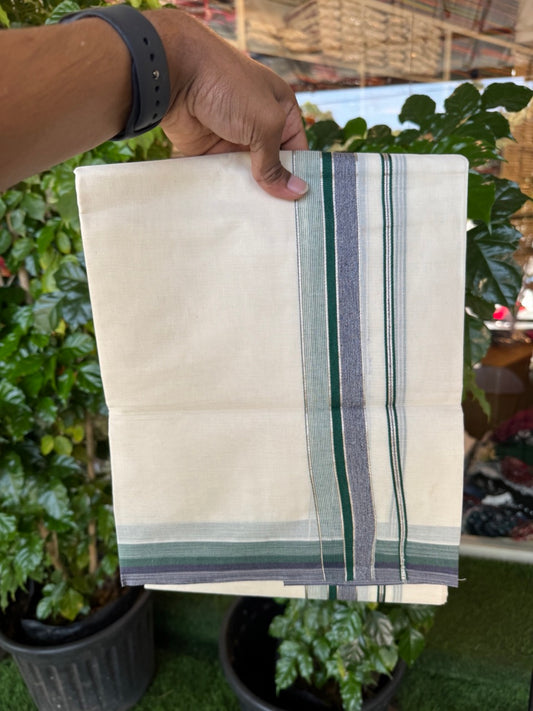 20% Discount! KaithariKada Balaramapuram 100% Cotton Double OFF WHITE (unbleached) Mundu/Dhoti- 100x80- 1.5 inch Silver Kasavu Green & Navy Shaded striped Kara 4 mtr (8.5 muzham) - 62 KK5251 PMC