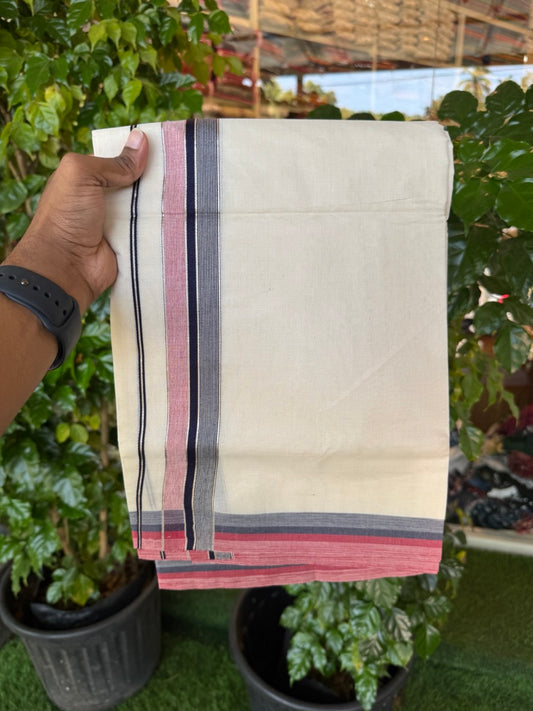 20% Discount! KaithariKada Balaramapuram 100% Cotton Double OFF WHITE (unbleached) Mundu/Dhoti- 100x80- 1.5 inch Silver Kasavu Navy Blue & Maroon Shaded striped Kara 4 mtr (8.5 muzham) - 59 KK5251 PMC