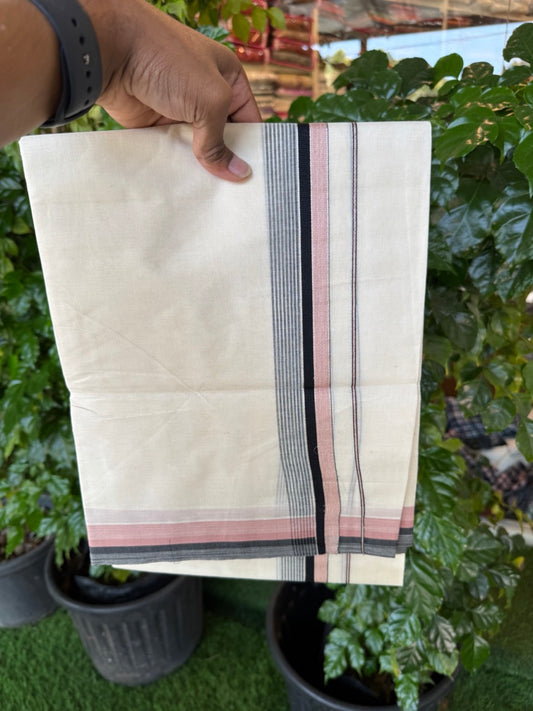20% Discount! KaithariKada Balaramapuram 100% Cotton Double OFF WHITE (unbleached) Mundu/Dhoti- 100x80- 1.5 inch Silver Kasavu Dusty Rose & Black Shaded striped Kara 4 mtr (8.5 muzham) - 61 KK5251 PMC