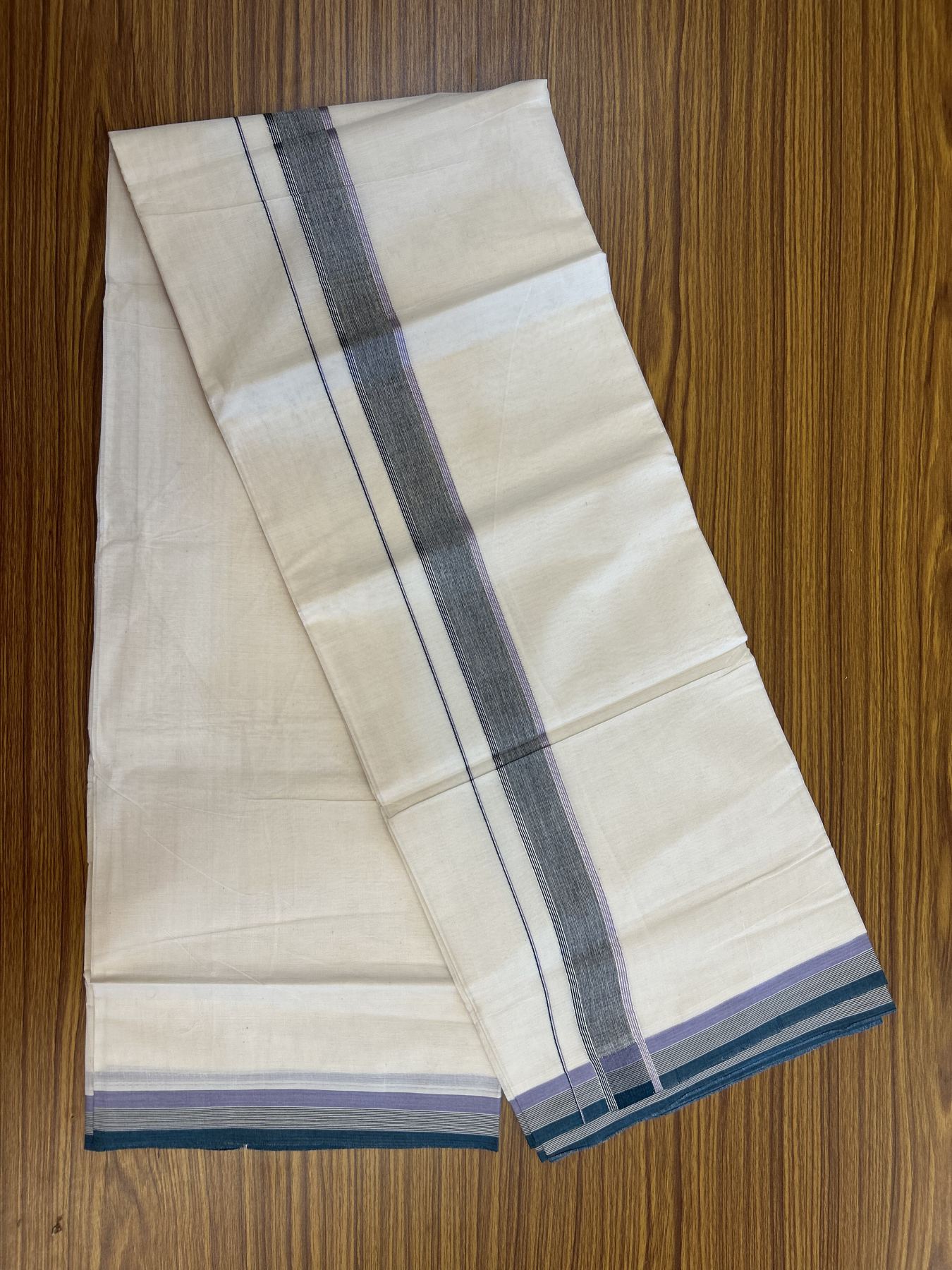 20% Discount ! KaithariKada Balaramapuram 100% Cotton Double Off White - (Unbleached) - Mundu / Dhoti- 100x80 -  1.5 inch Silver Kasav Black Green & Lavender shaded Kara - 4 mtr (8.5 Muzham) - 42 KK5340 VIN