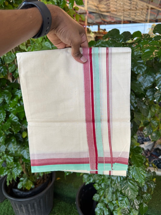 20% Discount! KaithariKada Balaramapuram 100% Cotton Double OFF WHITE (unbleached) Mundu/Dhoti- 100x80- 1.5 inch Silver Kasavu Maroon & Mint Green Shaded striped Kara 4 mtr (8.5 muzham) - 63 KK5251 PMC